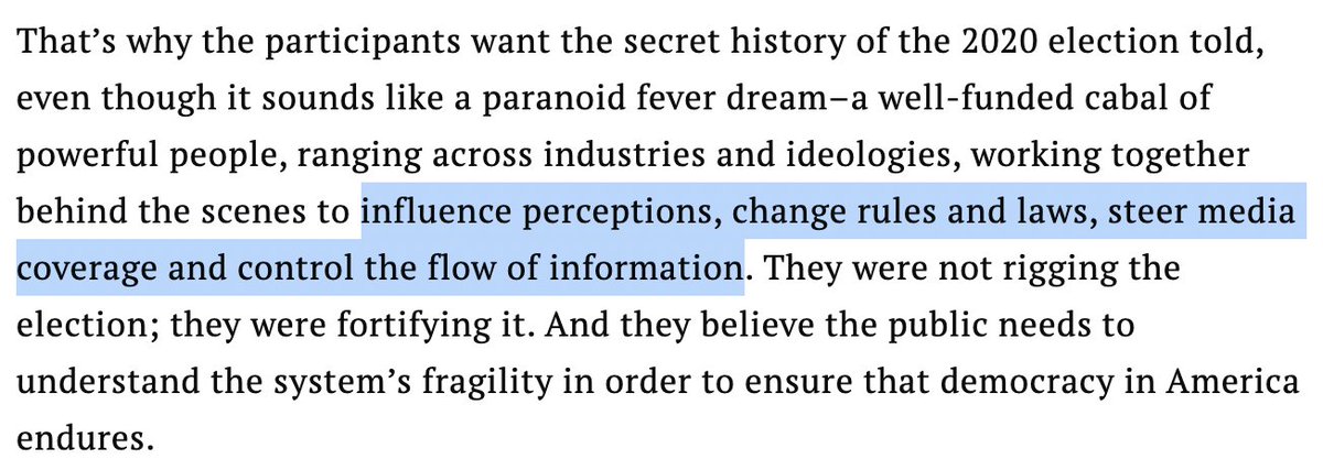 This is the money quote. And again, no votes were changed by voting machines.So let's not use the word "rigged."What do you call a "well-funded cabal" that attempts to "control the flow of information"? Remember, these are Time's words in praise of the operation.