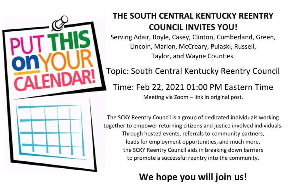 Join us for our February meeting! Mark your calendars now! #KentuckyReentry

Topic: South Central Kentucky Reentry Council
Time: Feb 22, 2021 01:00 PM Eastern Time (US and Canada)
Join Zoom Meeting
zoom.us/j/96110680067...
Meeting ID: 961 1068 0067
Passcode: SCKY2021