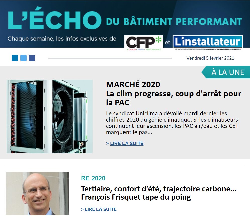 ✳️⚠️ A la Une ⚠️✳️
- Les chiffres du marché 2020 du génie climatique
- François Frisquet, président d'Uniclima, fustige la #RE2020
- <a href="/HomeServe_FR/">HomeServe France</a> rachète @CarglassMaison 
- Le salut du bois énergie passe par les réseaux de chaleur
Tout est là ⬇️
x0h4i.mjt.lu/nl2/x0h4i/z5hi…