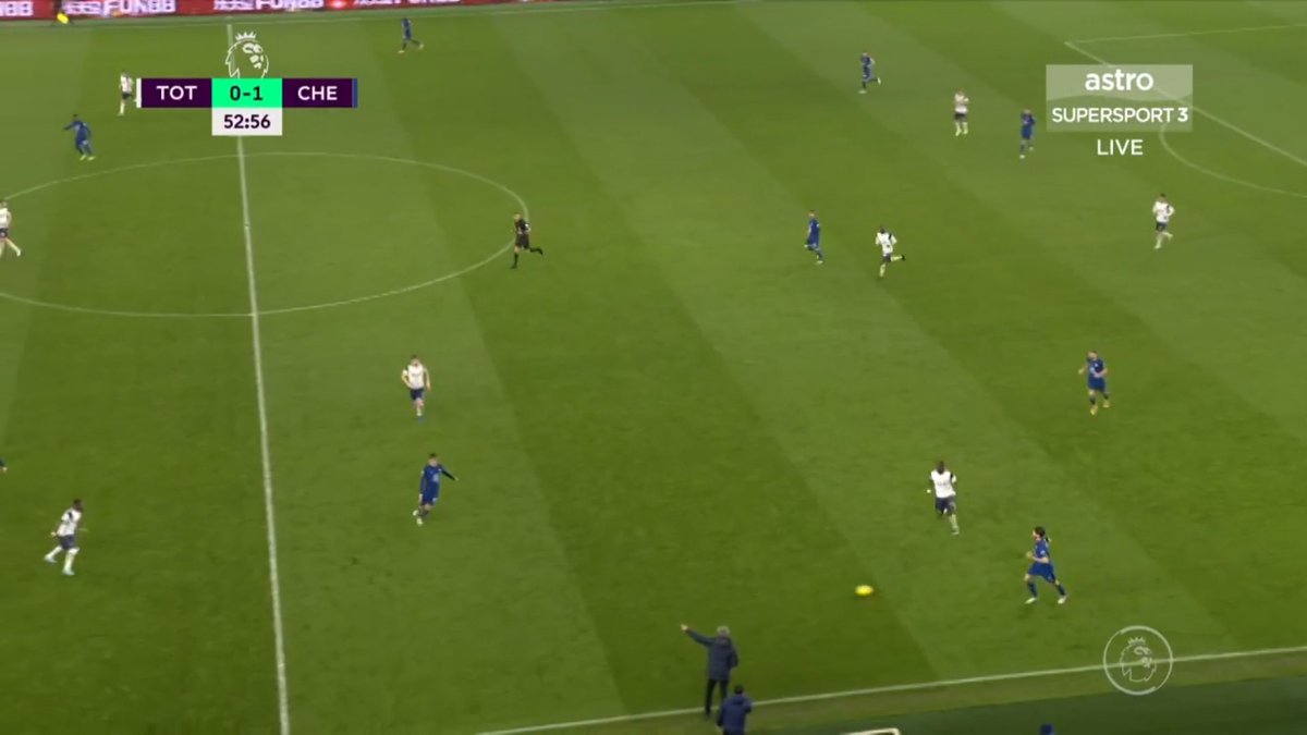 in this move, Mount starts by dropping deep as Chelsea play out of the back excellently then quickly looks to exploit the space, CHO creates by dragging out Dier. A better ball in front of Azpi from CHO gives Azpi a chance for a one time through ball for Mount/Werner.