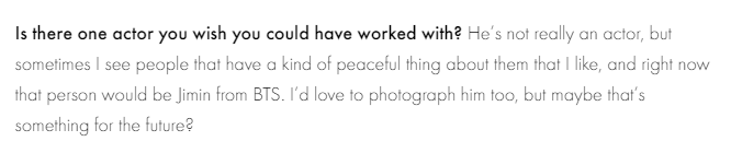 Legendary film director Gus Van Sant said in an interview that he would love to work with Jimin and photograph him.