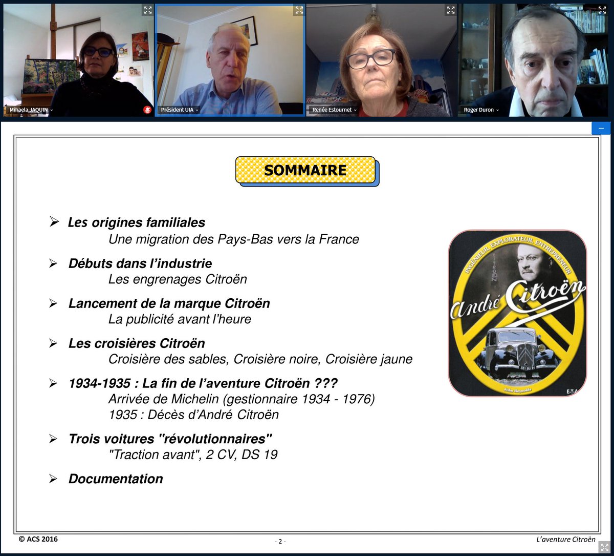 Début de la conférence de l'UIA94 (prévue initialement à <a href="/Villecresnes/">Villecresnes</a>) en visio sur le thème de l'aventure Citroën.
Merci à L'Université Inter-Ages de Créteil.