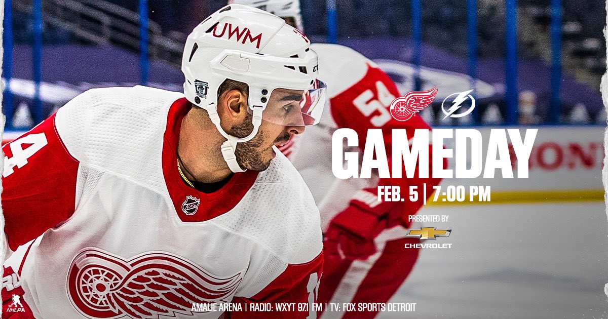DetroitRedWings's tweet photo. GAMEDAY! #LGRW 

📺: @FOXSportsDet 
📻: @971theticketxyt 
🏒: #DETvsTBL https://t.co/V0kzTiHu3c