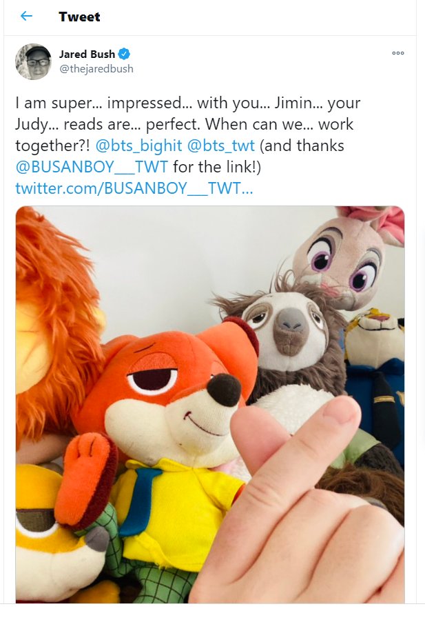 Jared Bush who is a co-writer of Zootopia loved Jimin's voice over from the Run BTS episode.