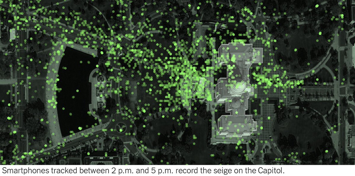 New:  @stuartathompson and i received a trove of smartphone location data from 1/6. The set included about 100,000 location pings, revealing around 130 devices inside the Capitol at the time of the siege.  https://www.nytimes.com/2021/02/05/opinion/capitol-attack-cellphone-data.html