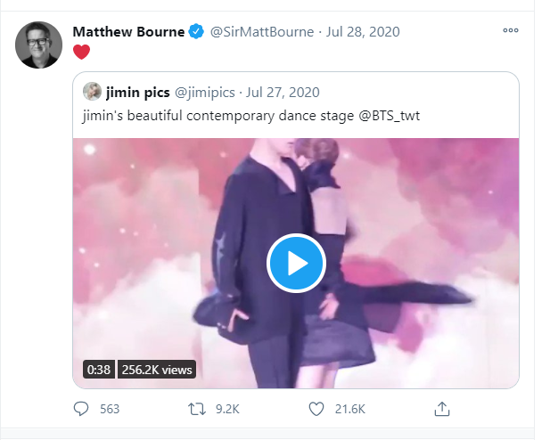 Sir Matthew Christopher Bourne showed love to Jimin’s contemporary dance stage.
