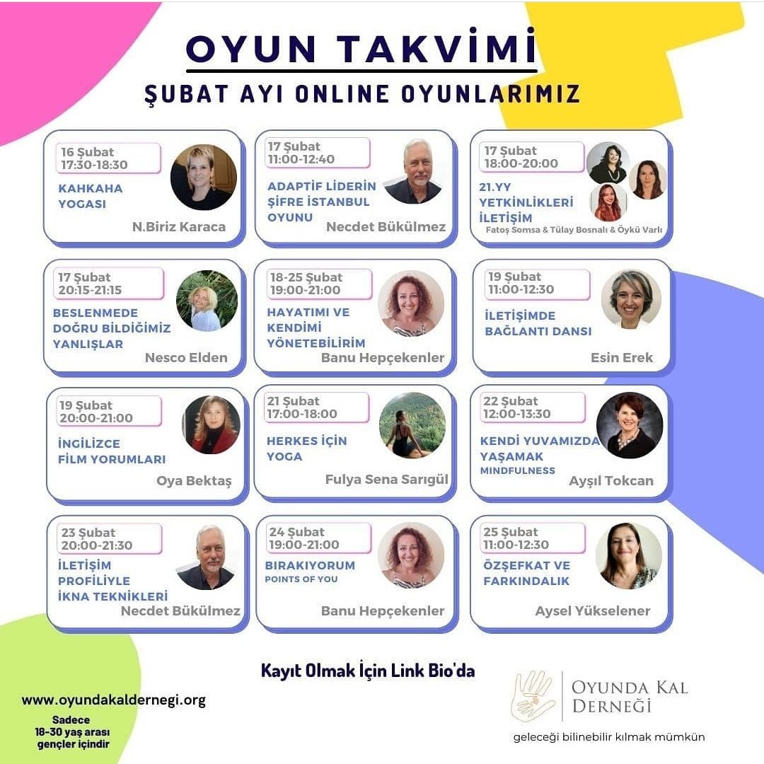 oyundakaldern's tweet photo. Şubat ayı oyunlarımız 5 şubat  itibariyle başlıyor. 🎉 Bu ay birbirinden farklı tam 26 oyun oynayacağız. 🥳 ✌️
Bizimle birlikte oyunda kalmak için bio'daki linkten kayıt olabilirsin. 🤸🏻
Oyunları sadece 18-30 yaş için ve ücretsiz.

#oyundakalderneği #oyuntakvimi #oyundakal #şubat https://t.co/kP1uWGXlsC