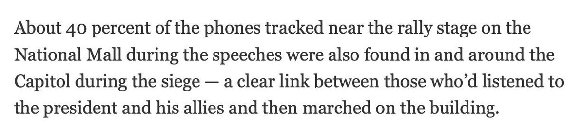 The data tells a few stories. It offers granular details of how many people listened to Trump’ss speech and then went to the Capitol.  https://www.nytimes.com/2021/02/05/opinion/capitol-attack-cellphone-data.html