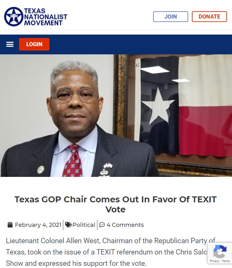 UPDATE: Allen West, the chairman of the  @TexasGOP, says Texans should be given an opportunity to vote to secede from the United States.  https://popular.info/p/the-texas-republican-party-has-gone