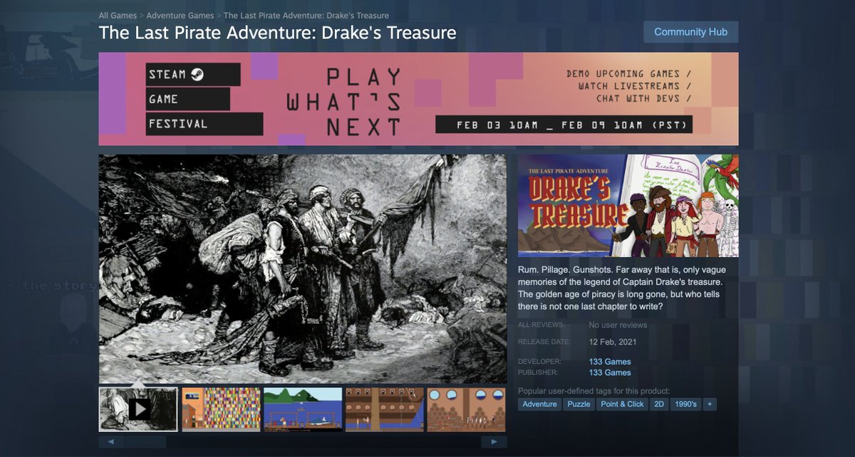 OneThreeThreeG's tweet photo. 🏴‍☠️ THE LAST PIRATE ADVENTURE: DRAKE'S TREASURE

🔥 We are in #SteamGameFestival. Take a look at the demo
 
🦜 Steam: https://t.co/UOpI65LVTL

📘 Trailer: https://t.co/UzJ7wAnxaE

#pointandclick #adventuregame #videogames #graphicadventure #indiegame #indiedev #DrakeTreasure https://t.co/rbj6yjTOUQ