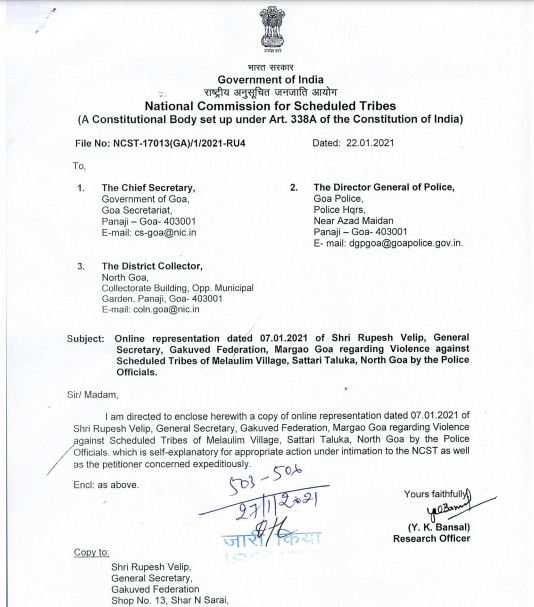 gakuved's tweet photo. National Commission for Scheduled Tribes has taken cognisance of the complaint filed by Gakuved Federation on #Melauli issue. Authorities are directed to take appropriate action on Melauli violence @PrimeTVGoa @InGoa24x7 @GovindForGoa @goa365tv1 https://t.co/Z7kUc4BOAz