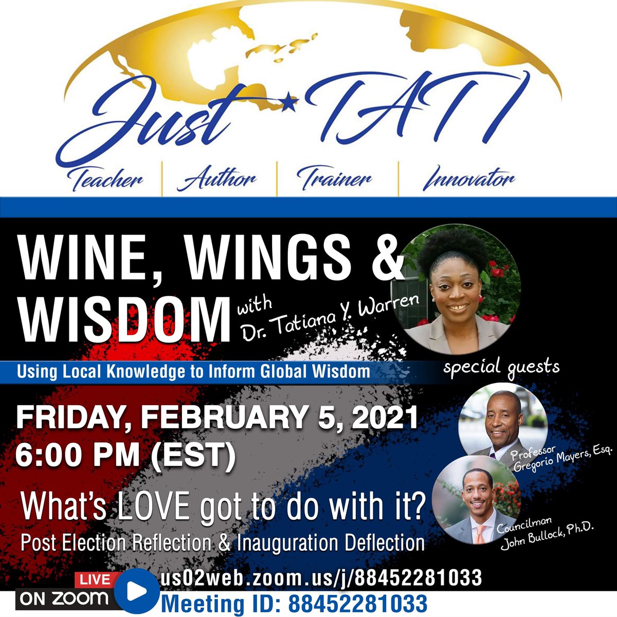 drtatiwarren's tweet photo. Yesterday was great on #Clubhouse... Looking forward to today... #WineWingsWisdom #justTATI 
*Tune into #Clubhouse @5pm EST for the warm-up https://t.co/3DQsyhRlIW
*Join live #Zoom @6pm EST https://t.co/JkcninWqJz
Don’t forget to pull up with
Wine🍷 Wings🍗 &amp; Wisdom 💡 https://t.co/vSie0CSlpV