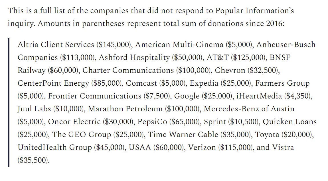 3. West also also adopted a QAnon mantra ("We are the storm") as the official slogan of the  @TexasGOP But the following corporations won't say whether they will continue to support the party. https://popular.info/p/the-texas-republican-party-has-gone