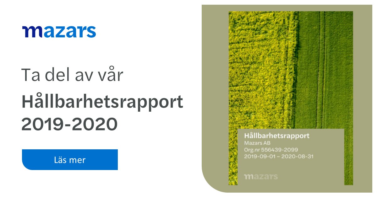 Vi tror på hållbara relationer och ett hållbart affärsmannaskap för en hållbar framtid. Nu finns vår senaste hållbarhetsrapport att ta del av, bakom rapporten står Mazars egen hållbarhetsgrupp. bit.ly/Mazars_Hållbar…

#mazars #mazarssweden #hållbarhet #hållbarhetsrapport