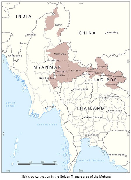 The legacy of CIA backed KMT proxy war in N Myanmar is the Golden Triangle in Myanmar, Laos and Thailand border: the World's largest production base of Opium/heroin before NATO occupation of Afghanistan.Source: 2016 United Nations Office on Drugs and Crime.