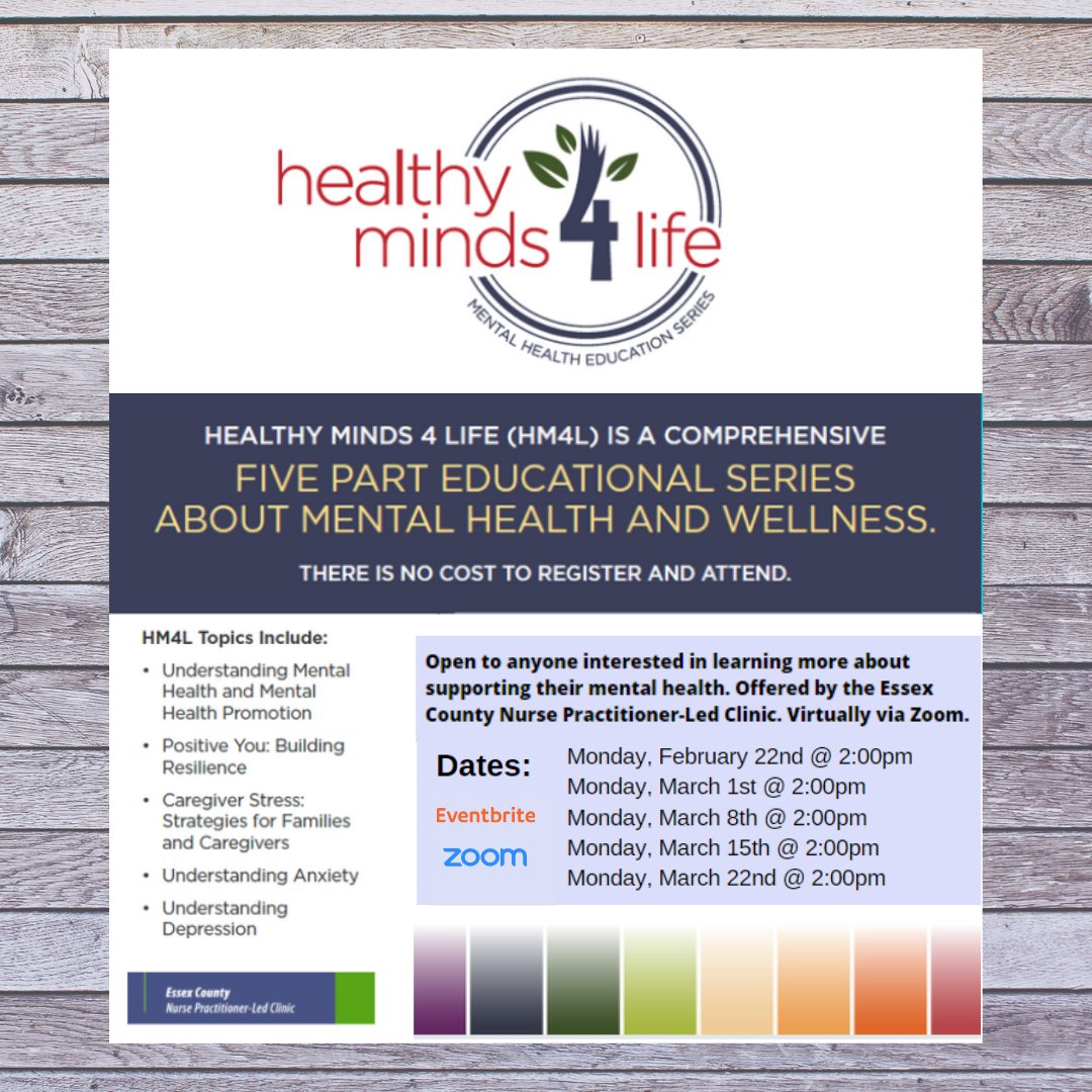 CMHAWECB's tweet photo. The Essex County Nurse Practitioner-Led Clinic offering Healthy Minds 4 Life - A 5 part educational series about mental health and wellness 🧘🧘♂️
Registration is free: https://t.co/yL1bEy4AiV
Last day to register is February 17th!
#HM4L #MentalHealth #Wellness #YQG #FreeEvent https://t.co/Yz1ntioLcY