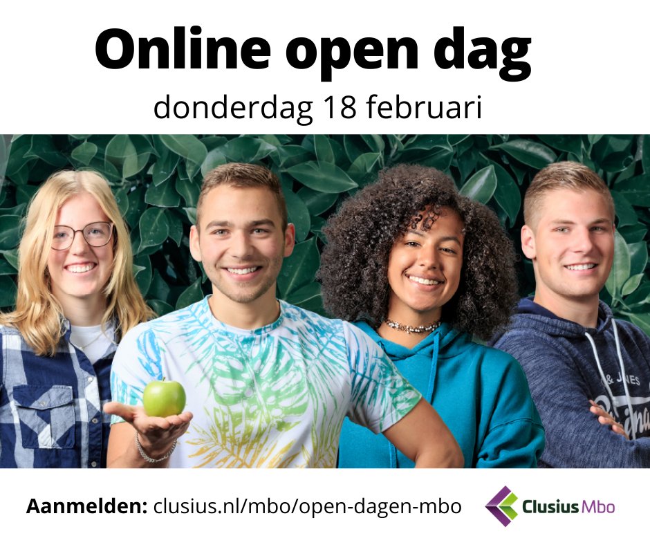 Over een kleine 2 weken, op donderdag 18 februari, is het alweer zover: onze online open dag voor het mbo! Tijdens deze avond kun je alles te weten komen over onze mbo-opleidingen😀Meld je aan👉🏼bit.ly/2NIWavn
#clusius #mbo #onlineopendagen