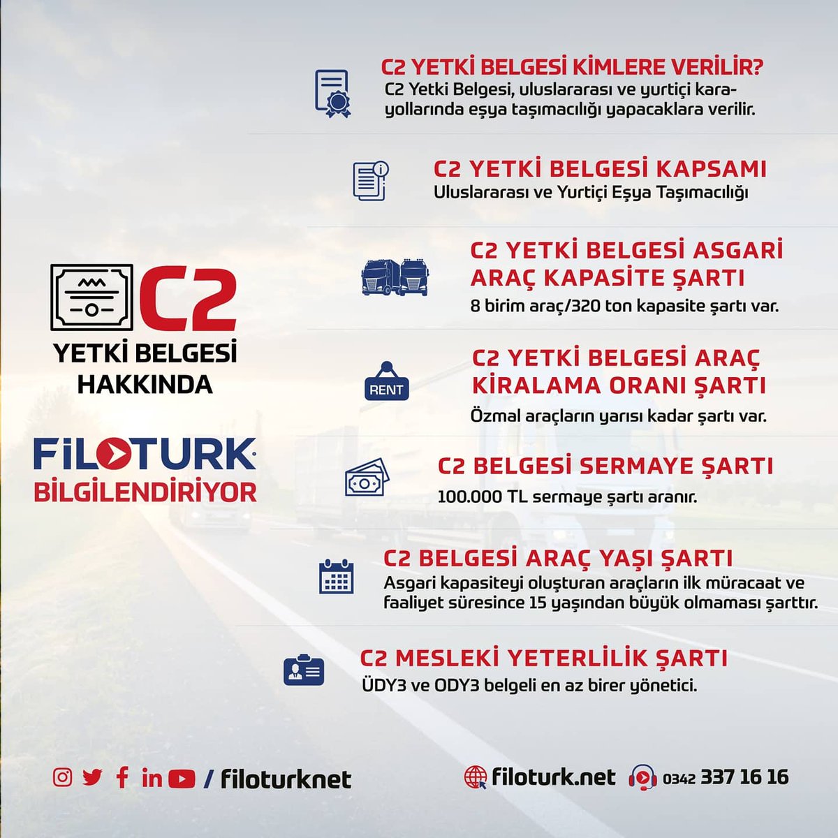 #FilotürkBilgilendiriyor
C2 yetki belgesi hakkında merak ettiğiniz soruları sizin için cevapladık. Ayrıca unutmayınız;  <a href="/filoturknet/">FİLOTURK ARAÇ KİRALAMA HİZMETLERİ A.Ş.</a>’ün benzersiz avantajları ile uluslararası ve yurtiçi ticari amaçla taşımacılık yapacak müşterilerimiz C2 yetki belgemizden de faydalanabilirler.