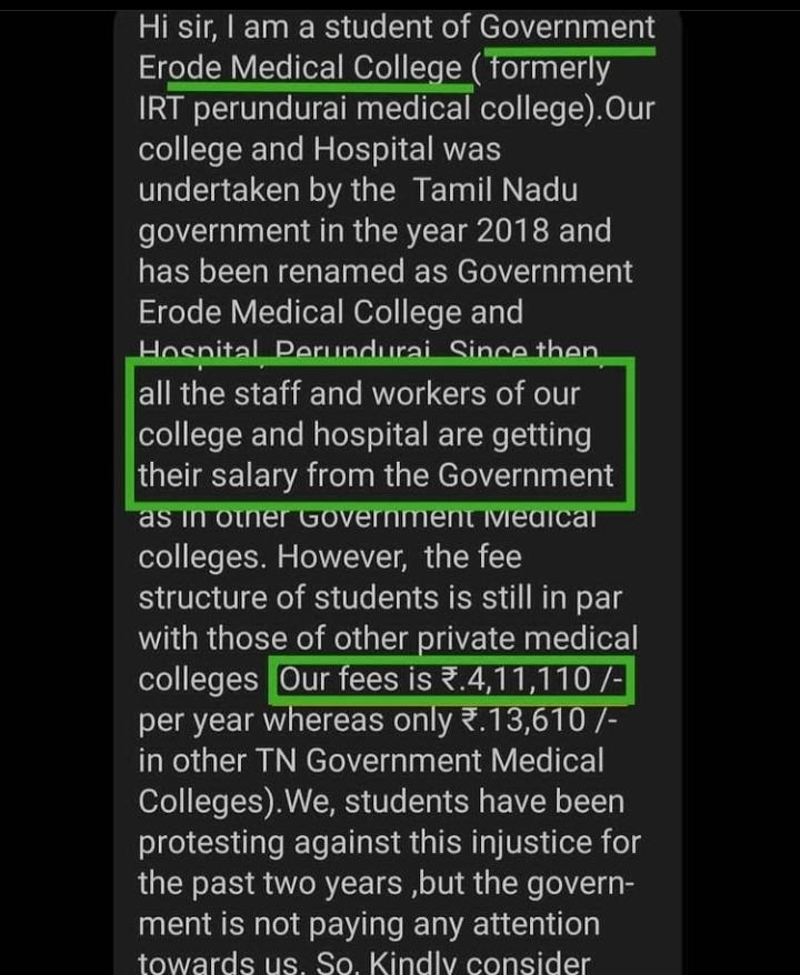 DeviKri84834255's tweet photo. #erode
#save_GEMC_medicos
#government
#governmenterodemedicalcollege
#support
#Students
We want justice....we request the govt to reduce the fees structure for govt erode medical CLG too  as soon as possible just like they did for rajah muthiah medical clg 
@CMOTamilNadu https://t.co/5i6V0hyVbg