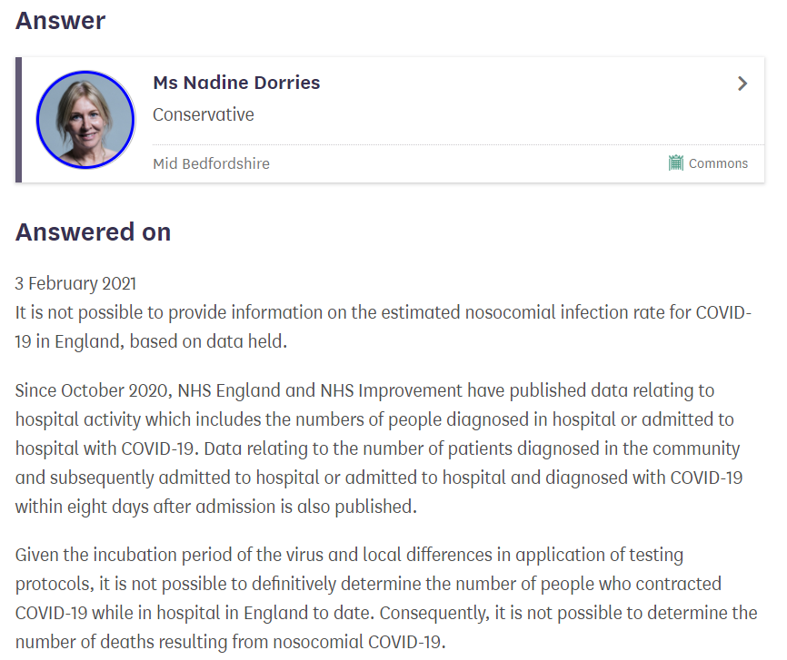 Rt Hon Steve Baker FRSA 🗽 (@stevebakerfrsa) on Twitter photo I asked <a href="/MattHancock/">Matt Hancock</a> if he would collate & publish data on Covid-19 transmission in hospitals.
I am disappointed by the response I received from <a href="/NadineDorries/">Rt Hon Nadine Dorries</a> saying it is not possible to provide this information and that Govt will not attempt to collate or estimate this data. I asked <a href="/MattHancock/">Matt Hancock</a> if he would collate & publish data on Covid-19 transmission in hospitals.
I am disappointed by the response I received from <a href="/NadineDorries/">Rt Hon Nadine Dorries</a> saying it is not possible to provide this information and that Govt will not attempt to collate or estimate this data.