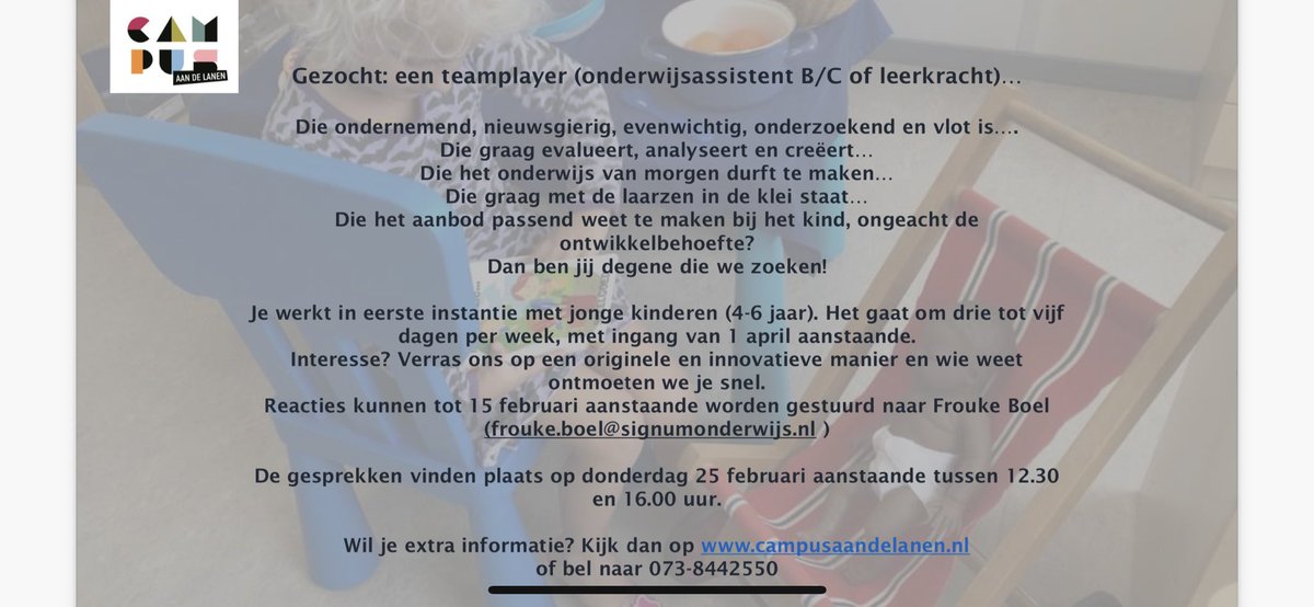 Wie komt ons team per 1 april versterken? Een geweldige vacature (leerkracht/onderwijsassistent) op een prachtplek! <a href="/c_aandelanen/">Campus aan De Lanen</a> <a href="/signumonderwijs/">Signum Onderwijs</a> <a href="/OnsKindbureau/">Ons Kindbureau</a> <a href="/rodenborch/">Rodenborch-College</a>. Benieuwd naar de reacties, tot snel? 😁