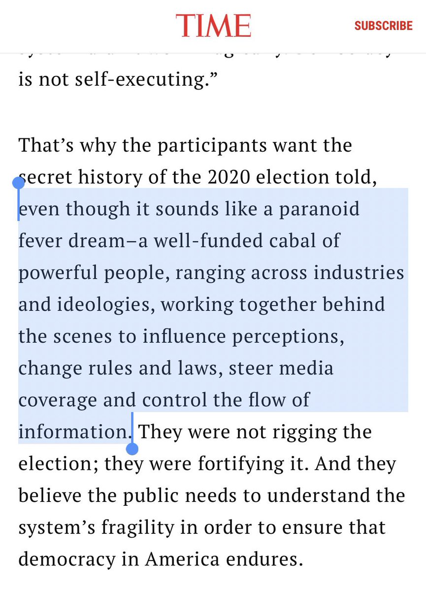 CONSPIRACY THREAD: Time Magazine, in a shocking expose, claims that a "cabal" of powerful people across the world worked together to influence voters, change rules and laws, control media coverage, and limit the flow of information to ensure President Trump was not re-elected.