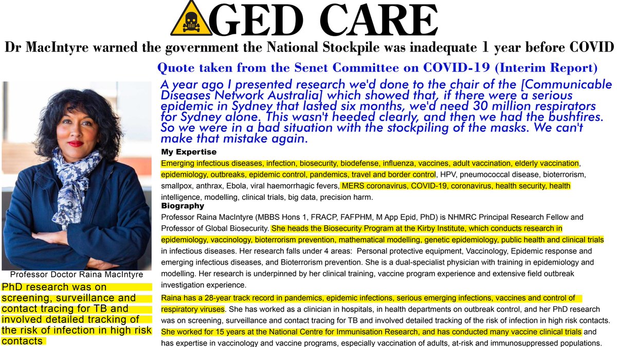 15/Dr MacIntyre may well have the best possible resume for someone to give advice on COVID. Dr MacIntyre warned the government about the issues with the National Stockpile a year before COVID-19. Yet again, if Scott Morrison actually did his job, lives would’ve been saved