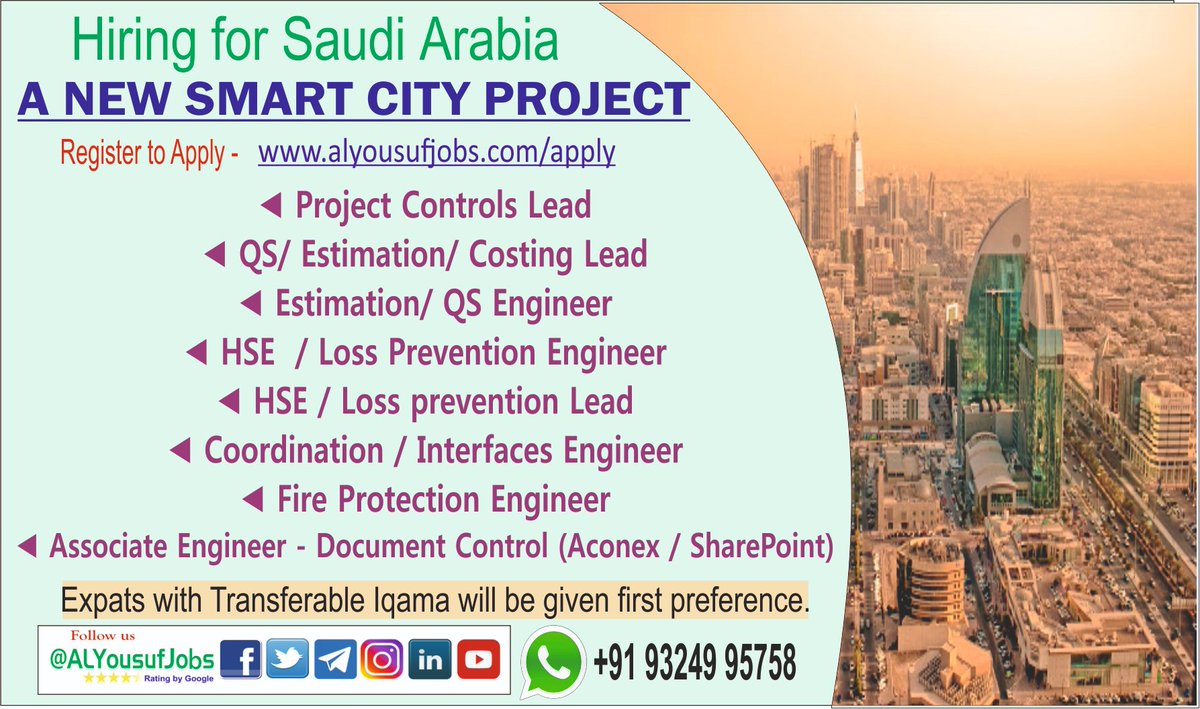 alyousufjobs's tweet photo. #Recruiting for #SaudiArabia - A New Smart City Project #Local_Transfer
  Interested applicant may pls register to apply - https://t.co/3ddu1OWXtF
@UNmigration @ficci_india @Sepc_India @FollowCII @ICMPD @indembkwt 
@ILO_EMP_Policy @NSDCINDIA @IndianEmbRiyadh
@FieoHq @minmsme https://t.co/eyQIYvmFun