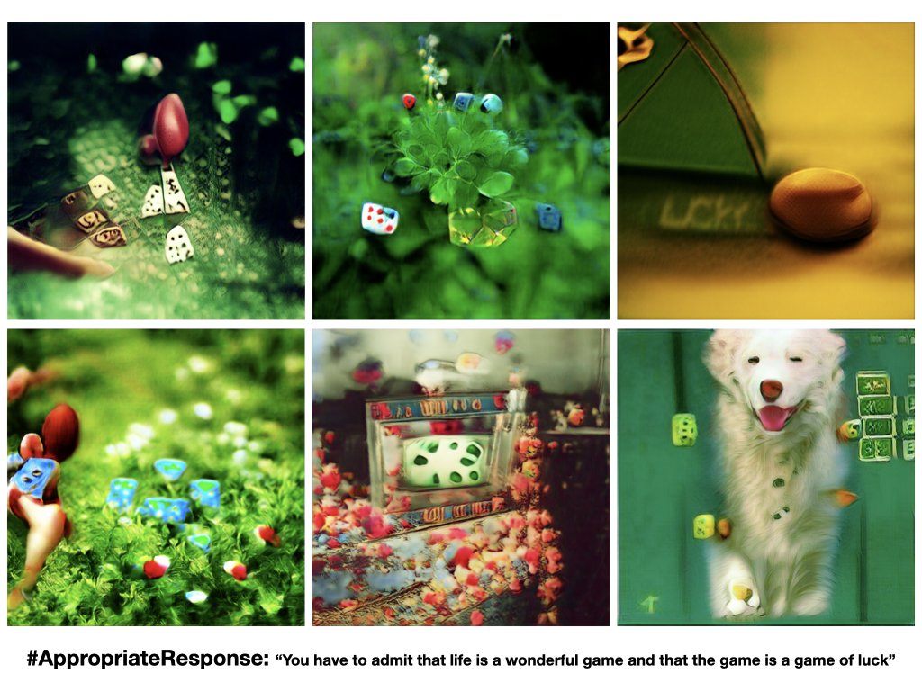 SimonGColton's tweet image. I couldn’t resist generating visual responses to your #AppropriateResponse texts, @quasimondo. The phrases are perfect prompts for our implementation of #CLIP guided #BigGAN (original code from @advadnoun). The results, to my mind are absolutely stunning.  #CreativeAI #Text2Image