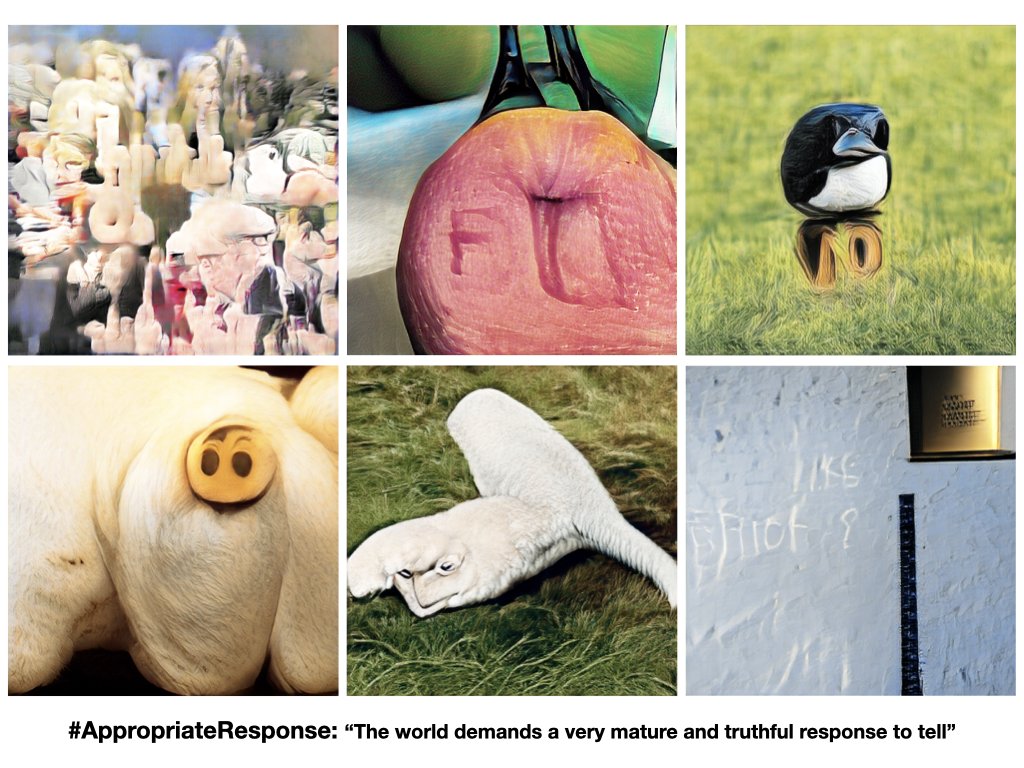 SimonGColton's tweet image. I couldn’t resist generating visual responses to your #AppropriateResponse texts, @quasimondo. The phrases are perfect prompts for our implementation of #CLIP guided #BigGAN (original code from @advadnoun). The results, to my mind are absolutely stunning.  #CreativeAI #Text2Image