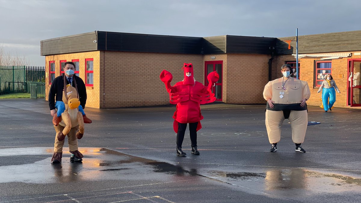 9StHerberts's tweet photo. Our playground was invaded again today!! We had a horse, a dancing lobster, a sumo wrestler, poor @mrs_eade was bitten by an inflatable dog, and a caveman!! #lockdownpositivity https://t.co/pSbzJIIxTk