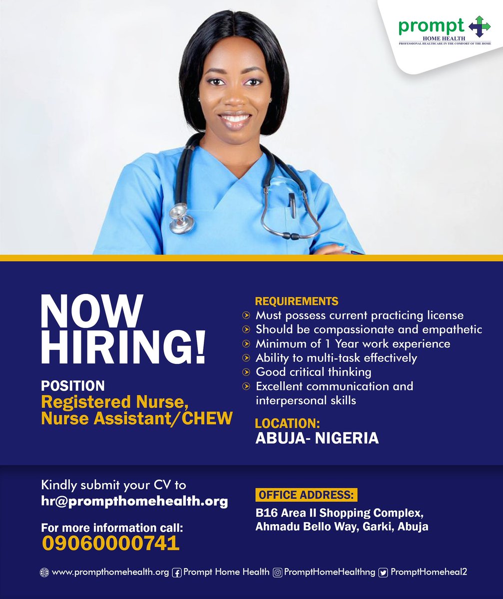 Call for Registered Nurses and CHEWS!!!

#vacancy #jobvacancy #jobseeking #nurses #chews #nursesvacancy #jobvacancyabuja #jobvacancynigeria