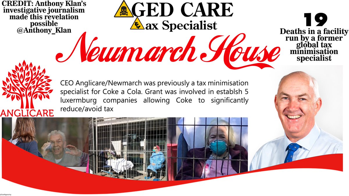 53/ Newmarch (19 Deaths) is a prime example of the broken business model. Their CEO formally the global tax reduction specialist who pushed cokes money through Liechtenstein. Newmarch ran out of staff when COVID took hold. Aged Care should not require global tax specialists