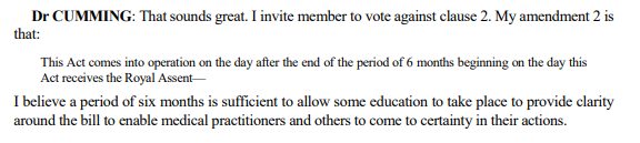 Why did  @ccummingmp propose an amendment to REDUCE the amount of time (after assent) for the legislation to be in force from 12 months to 6 months and then vote against the actual bill anyway? What was the point in that? Vote her out.