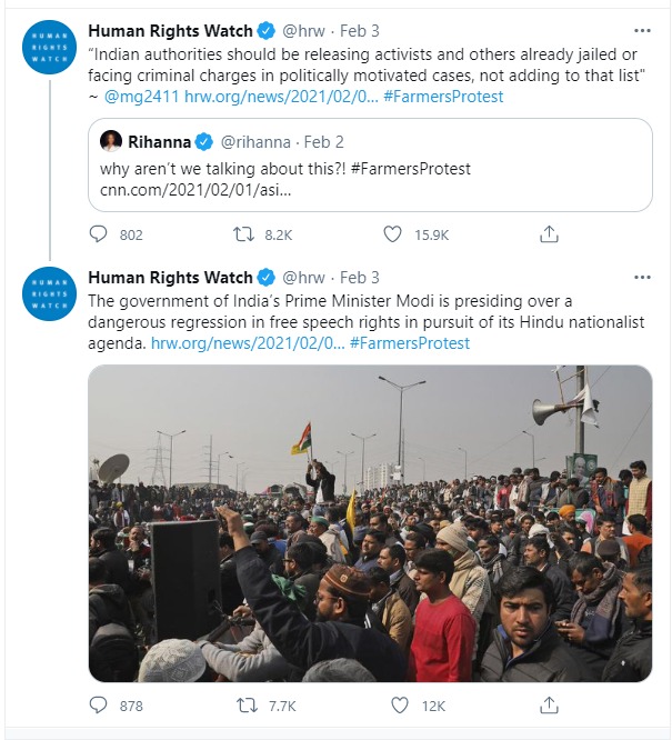 Coming back to the Int'l celebrity tweets abt farmers agitations, Overseas NGO Human Rights Watch followed, quote-tweeting Rihanna. Now, HRW has been accused variously of anti-Israel bias, poor research & accepting funds from Saudi Arabia to look away from its human rights record