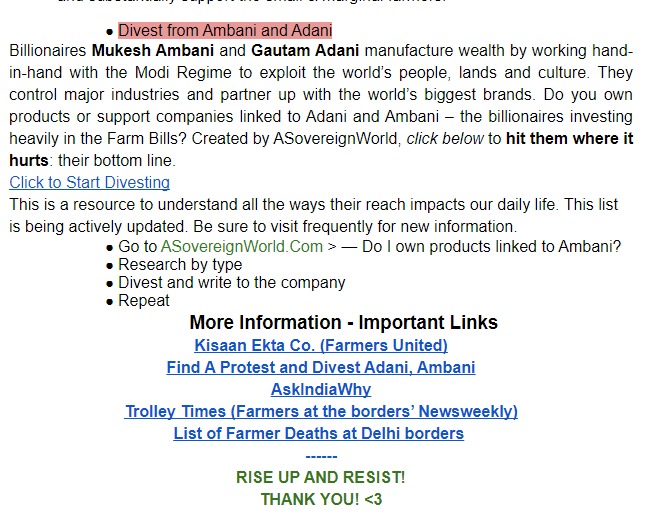 in garb of the farmers' protest.Further, pointing to possible vested corporate agenda the doc specifically spoke of building international momentum to 'Divest from Ambani and Adani'.Interestingly, the now deleted toolkit interlinked to another Google document