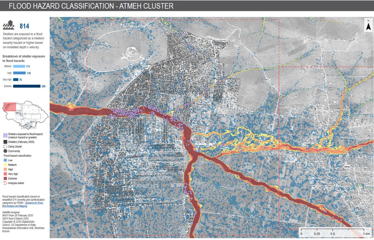 Using  #remotesensing in  #IDP camps in NW  #Syria  @REACH_info mapped water catchment areas to identify  #flood hazards The map shows that there are 2500+ IDP shelters exposed to significant flash flooding hazards in the densely populated sub-district of northern Dana(2/5)