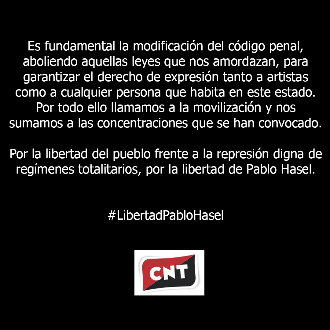 #LibertadPabloHasel Desde @CNTsindicato mostramos nuestra repulsa hacia esta condena injusta y desproporcionada. Por la libertad del pueblo frente a la represión, por la libertad de Pablo Hasel. @PabloHasel Comunicado: madrid.cnt.es/2021/02/05/com…