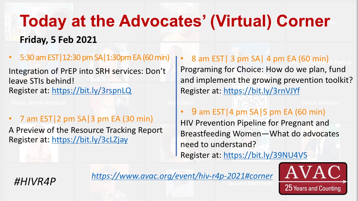 Today @ Advocates' (Virtual) Corner! #HIVR4P 
•PrEP/SRH/STI Integration bit.ly/3rspnLQ  
•Resource Tracking Report bit.ly/3cLZjay 
•Programing for Choice bit.ly/3rnVJYf 
•Prevention for Pregnant and Breastfeeding Women bit.ly/39NU4VS