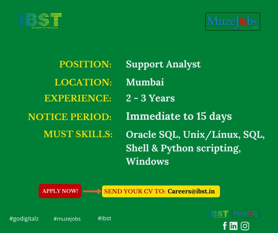 Position: Support Analyst
Location: Mumbai
Eligible candidates can send their CV to careers@ibst.in
#muzejobs #IBST #SupportAnalyst #jobupdates #jobseekers #Query #SQL #python #mumbaijobs #softwarejobs #newjob #jobsearch #jobsearching
