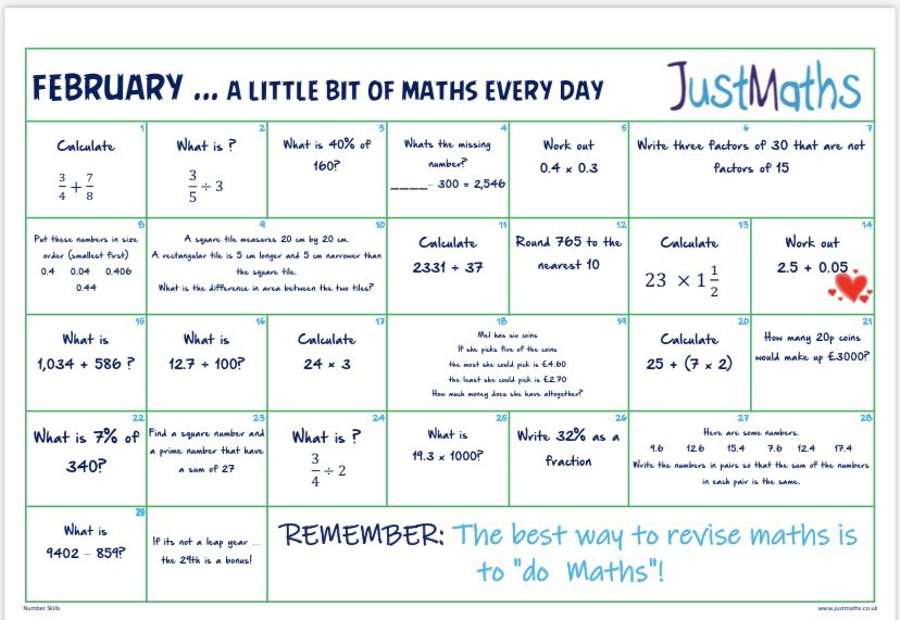 BgisN's tweet photo. Start your February right by doing ‘a little bit of maths everyday’. Joe Wicks can handle the body workouts let @Just_Maths handle the brain workouts 🏋️. All completed calendars 📆 will go into a prize draw. #littleandoftenisthekeytosuccess @BGreenIntSchool https://t.co/VgHZfEjIWj
