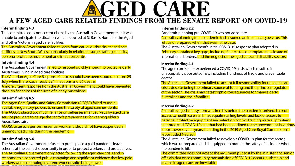 66/ This thread was going to be a short summary of Scott Morrisons neglect. The Liberal and National party have been neglectful in so many different ways. Neglect of the elderly has become the cultural norm. I’ll finish with a few quotes from the Senate report into COVID