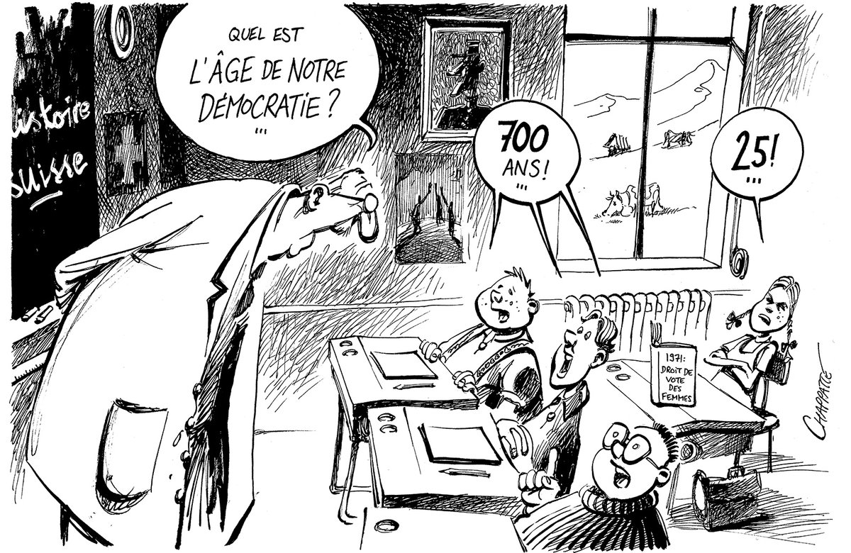 Il y a 50 ans seulement, les femmes suisses obtenaient le droit de vote! (...et il y a 25 ans, le jeune Chappatte publiait ce dessin dans feu L'Hebdo) - NUMÉRO SPÉCIAL DE @letemps SAMEDI dans les kiosques