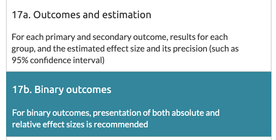 The statement is an agreed minimum standard of key design/methods for randomised controlled trials (RCTs) + how they should be reported. Item 17b relates specifically to reporting of relative & absolute effect estimates & a measure of their uncertainty (=95% confidence interval)