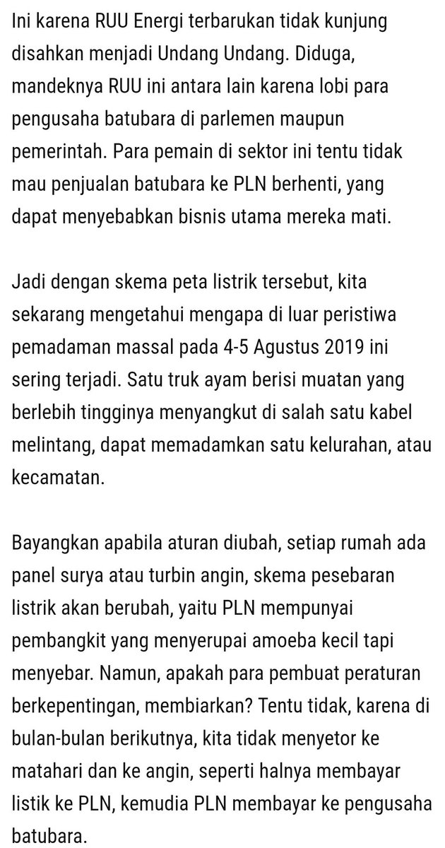 Udah jadi rahasia umum kok pengadaan energi listrik sering ada lobi-lobian biar mulus. EBT dibilang mahal karena investornya gak jago ngelobi kali, sama kemaren terkendala dengan peraturan atau regulasi, sekarang masih digodok https://m.antaranews.com/berita/995938/mati-lampu-lobi-dan-monopoli https://www.google.com/amp/s/amp.kontan.co.id/news/ditargetkan-terbit-pada-oktober-2021-begini-isi-rancangan-undang-undang-ruu-ebt