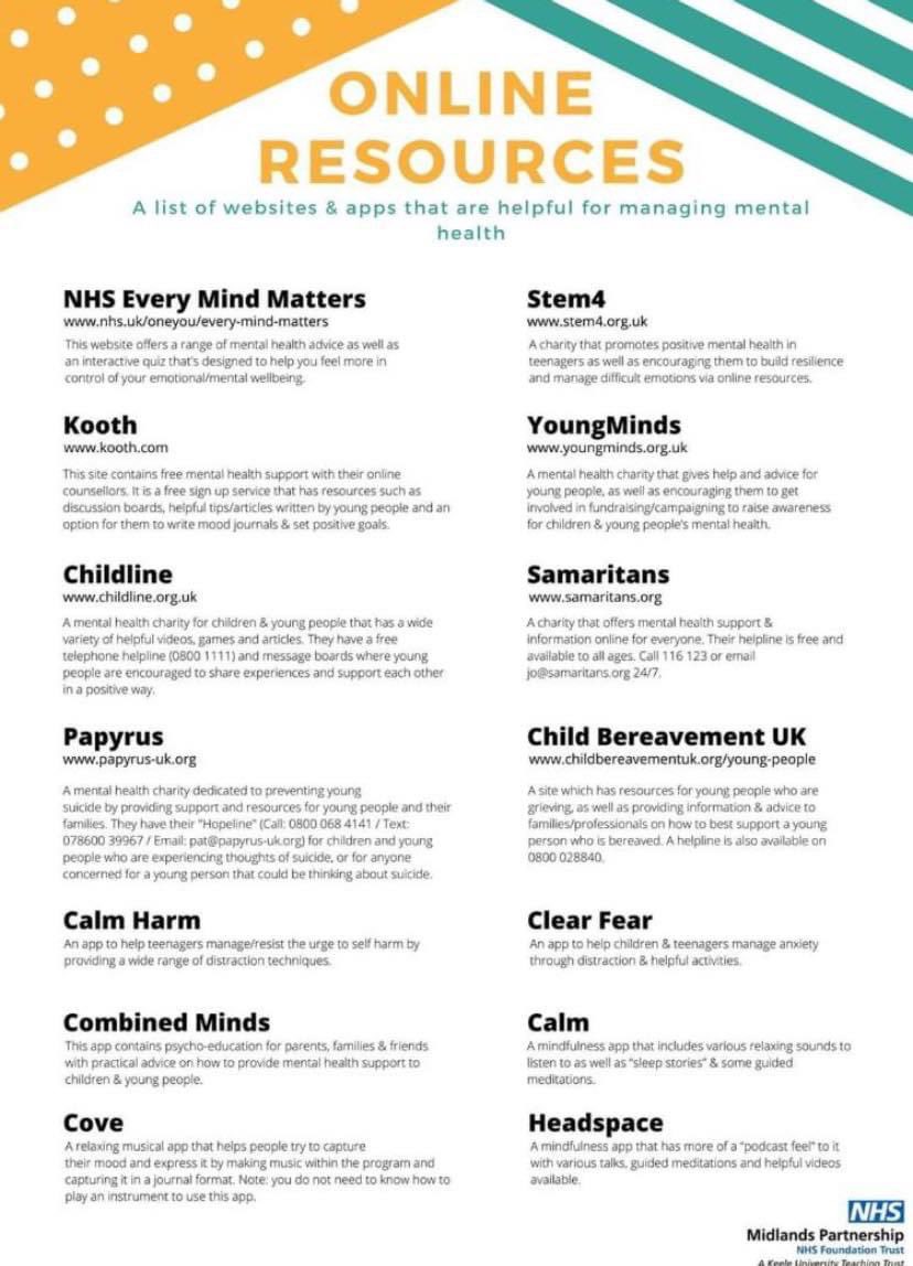 Finchwoods's tweet photo. #ChildrensMentalHealthWeek2021 

Here are a list of websites and apps that are helpful for managing mental health!

Let’s manage our mental health, there is always someone to talk too and listen to you here at Finch Woods Academy.. https://t.co/CfAsOoTNnP