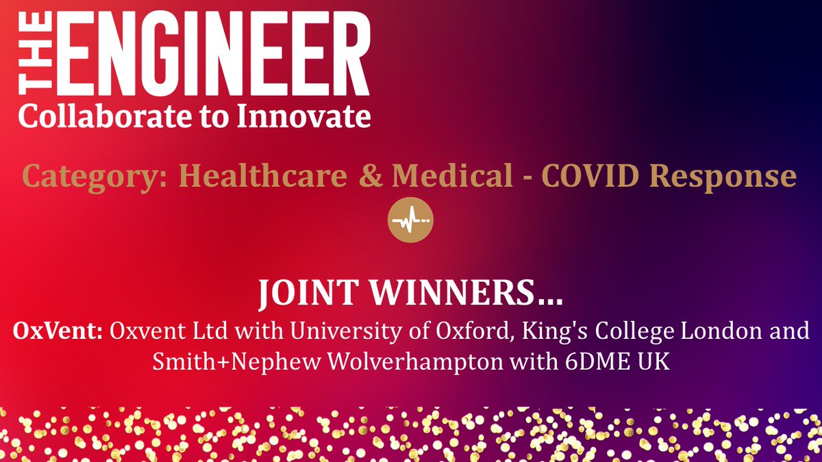OxVent (@oxvent) on Twitter photo Excited to announce that we are Joint Winners of <a href="/TheEngineerUK/">The Engineer</a> C2I Award in the COVID Response category!
Our team, supported by <a href="/UniofOxford/">University of Oxford</a>, <a href="/KingsCollegeLon/">King's College London</a> & <a href="/SmithNephewPLC/">Smith+Nephew</a>, has an innovative model to tackle the inadequate medical ventilator supply in low-resource settings Excited to announce that we are Joint Winners of <a href="/TheEngineerUK/">The Engineer</a> C2I Award in the COVID Response category!
Our team, supported by <a href="/UniofOxford/">University of Oxford</a>, <a href="/KingsCollegeLon/">King's College London</a> & <a href="/SmithNephewPLC/">Smith+Nephew</a>, has an innovative model to tackle the inadequate medical ventilator supply in low-resource settings