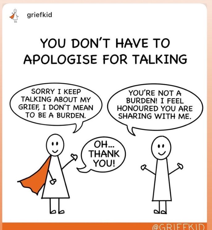 Sharing your story with someone who is there for you when you need them is very important. Please don’t ever feel bad about it, it’s your grief, your way. 🧡 Thankyou to our friends &amp; family for listening. 🧡