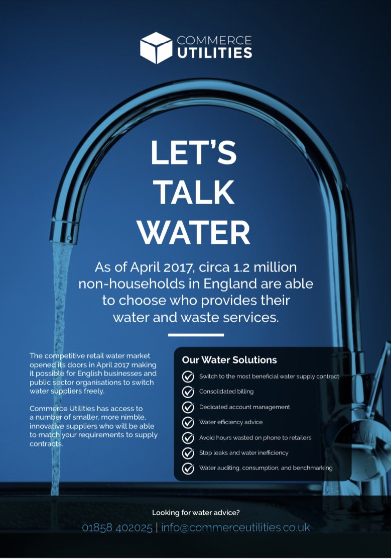LET’S TALK WATER 

As of April 2017, circa 1.2 million non-households in England are able to choose who provides their water and waste services.

Looking for water advice?
#Water #Utilities
