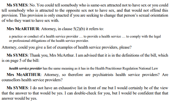 Imagine being on a 180k per year, having advisers and having it be your job to understand the legislation but somehow not knowing what falls under the category of health service provider even though it is literally defined in the bill itself. Get your act together  @BevMcArthurMP!